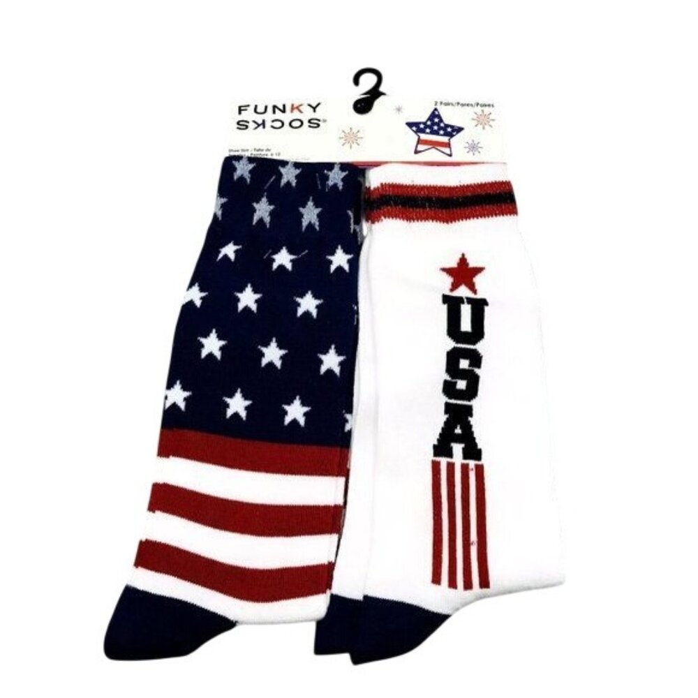 Funky Socks Patriotic USA Men's Crew Socks 2 Pairs Shoe Size 6-12 Red White Blue